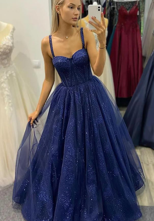 NumberSea - Ball Gown A - Line Prom Dresses Sparkle & Shine Dress Formal Floor Length Sleeveless Sweetheart Tulle Backless with Glitter Pleats