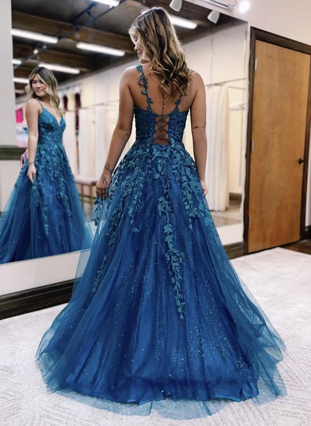 NumberSea - Ball Gown A - Line Prom Dresses Sparkle & Shine Dress Formal Floor Length Sleeveless V Neck Tulle Backless with Glitter Appliques