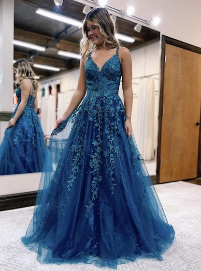 NumberSea - Ball Gown A - Line Prom Dresses Sparkle & Shine Dress Formal Floor Length Sleeveless V Neck Tulle Backless with Glitter Appliques