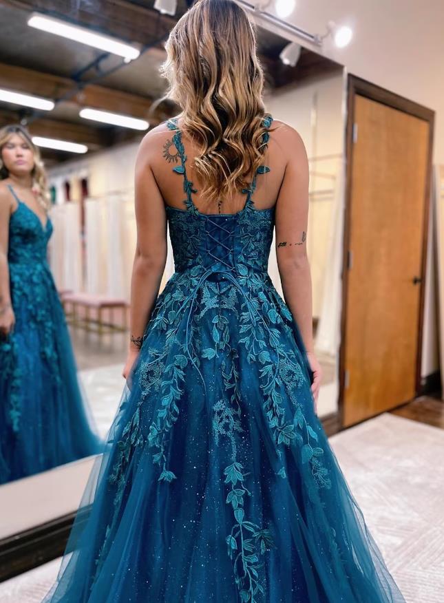 NumberSea - Ball Gown A - Line Prom Dresses Sparkle & Shine Dress Formal Floor Length Sleeveless V Neck Tulle Backless with Glitter Appliques