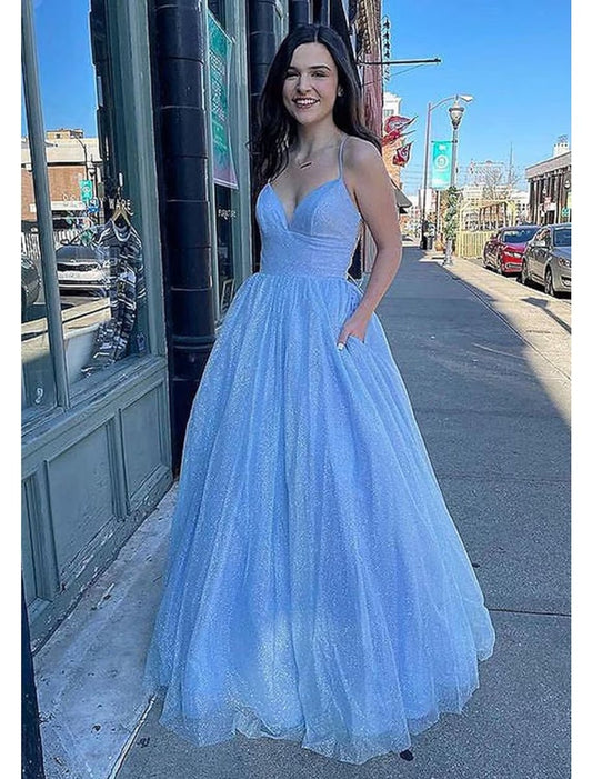 NumberSea - Ball Gown A - Line Prom Dresses Sparkle & Shine Dress Formal Floor Length Sleeveless V Neck Tulle Backless with Pleats