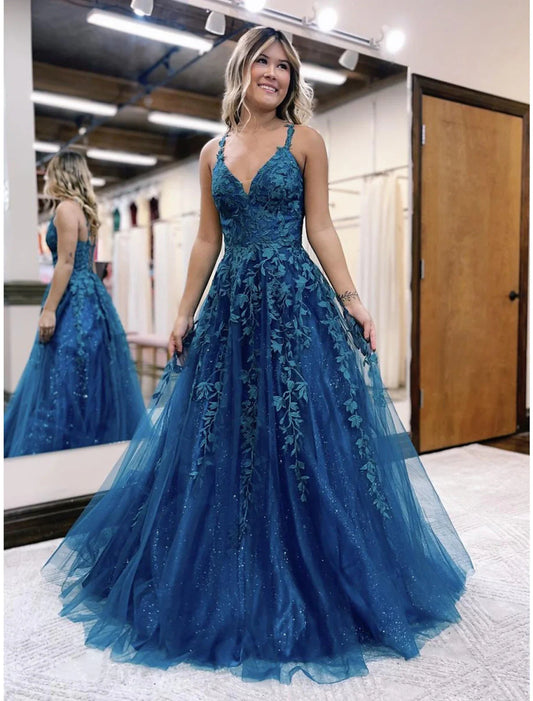 NumberSea - Ball Gown A - Line Prom Dresses Sparkle & Shine Dress Formal Wedding Party Floor Length Sleeveless V Neck Tulle Backless with Glitter Appliques