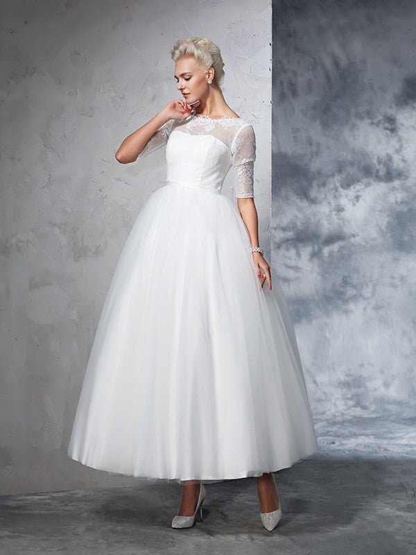 NumberSea - Ball Gown Bateau Lace 1/2 Sleeves Long Net Wedding Dresses