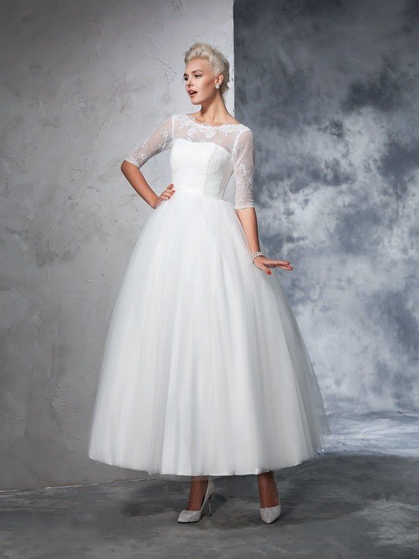 NumberSea - Ball Gown Bateau Lace 1/2 Sleeves Long Net Wedding Dresses