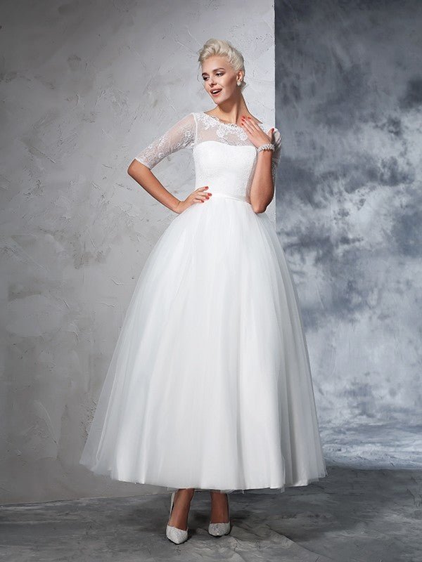 NumberSea - Ball Gown Bateau Lace 1/2 Sleeves Long Net Wedding Dresses