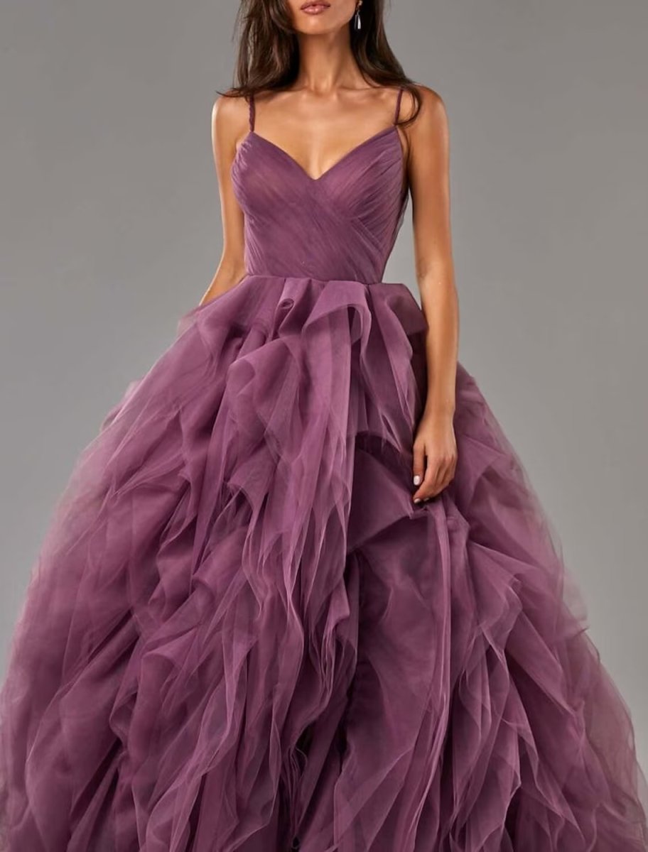 NumberSea - Ball Gown Beautiful Back Elegant Prom Formal Evening Dress V Neck Sleeveless Sweep / Brush Train Tulle with Ruffles Pure Color