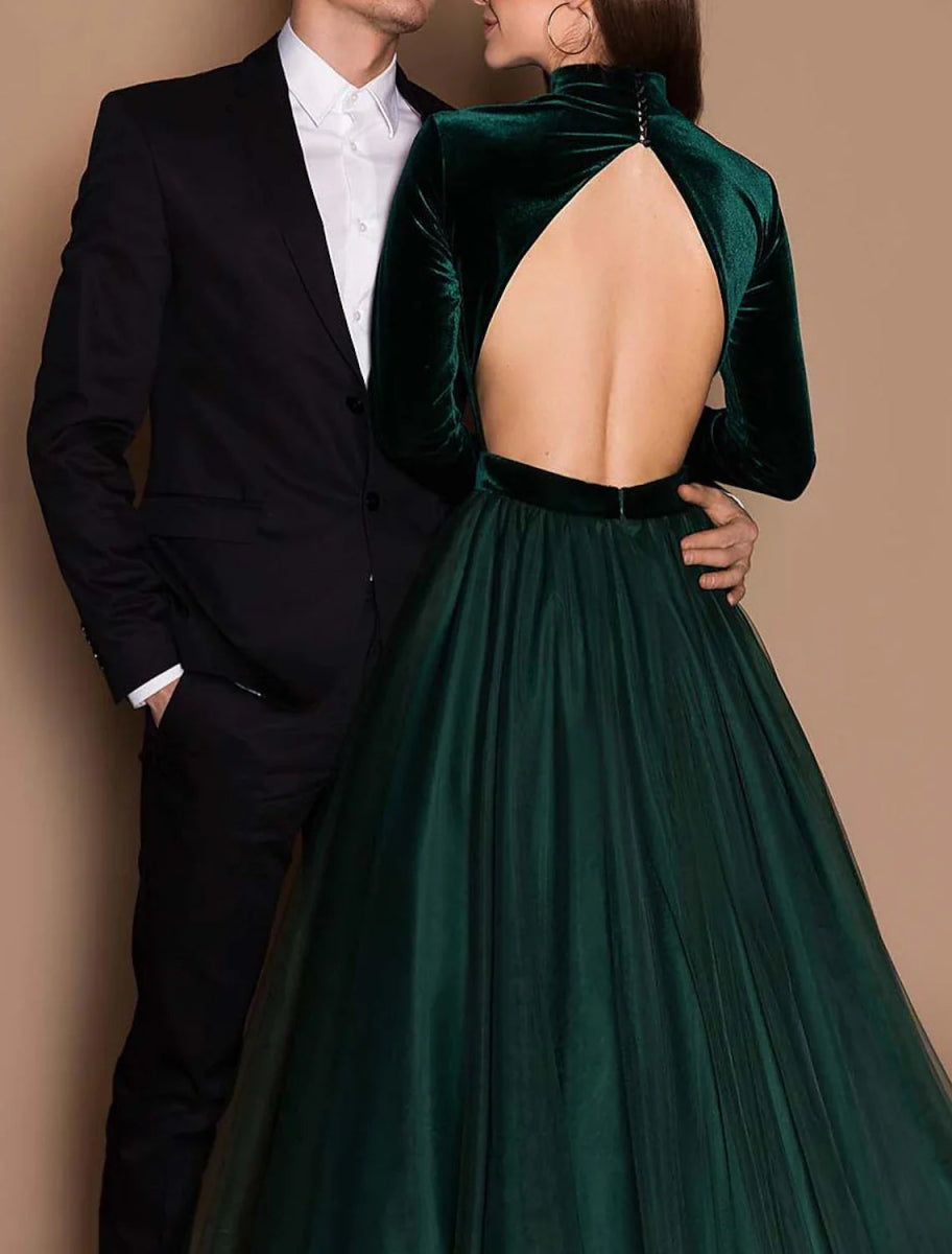 NumberSea - Ball Gown Beautiful Back Elegant Wedding Guest Formal Evening Birthday Dress High Neck Long Sleeve Court Train Tulle with Pleats Pure Color