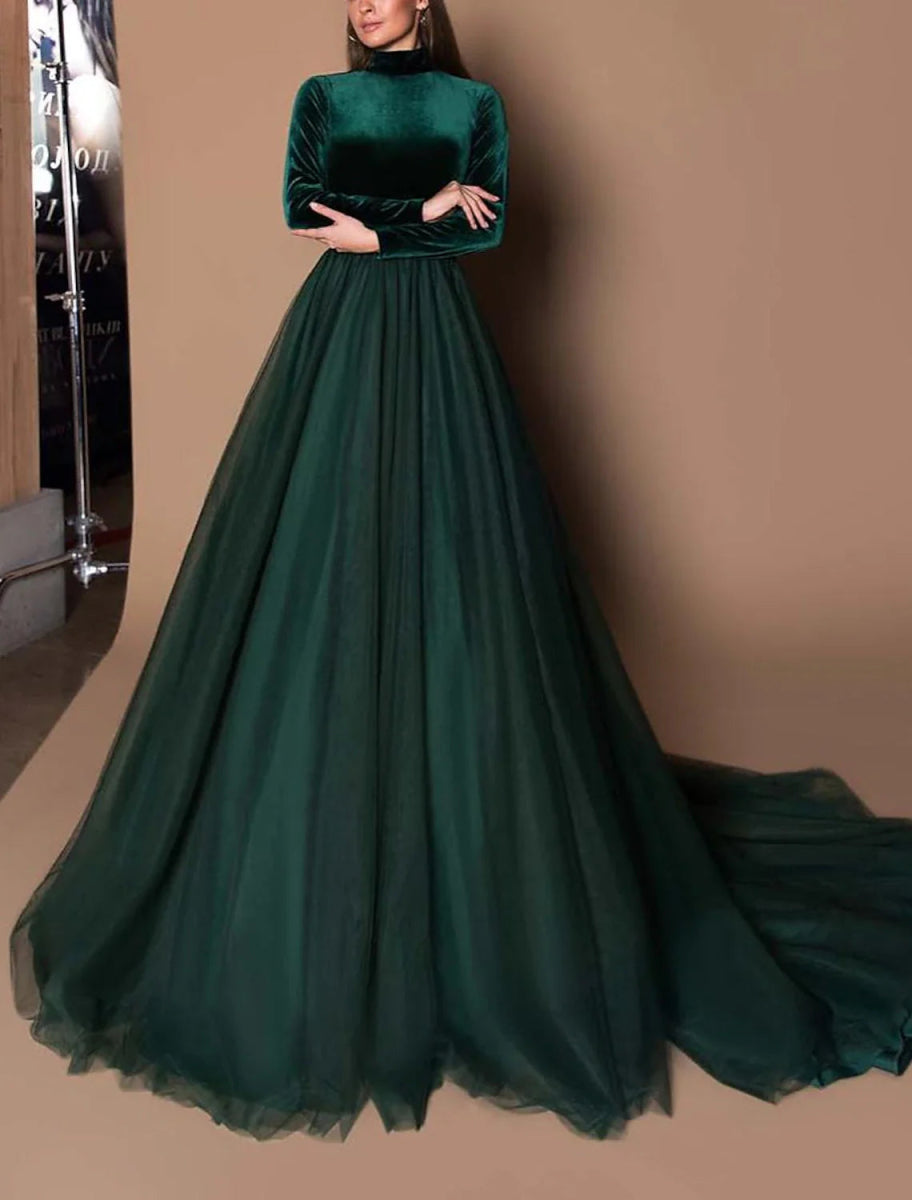 NumberSea - Ball Gown Beautiful Back Elegant Wedding Guest Formal Evening Birthday Dress High Neck Long Sleeve Court Train Tulle with Pleats Pure Color