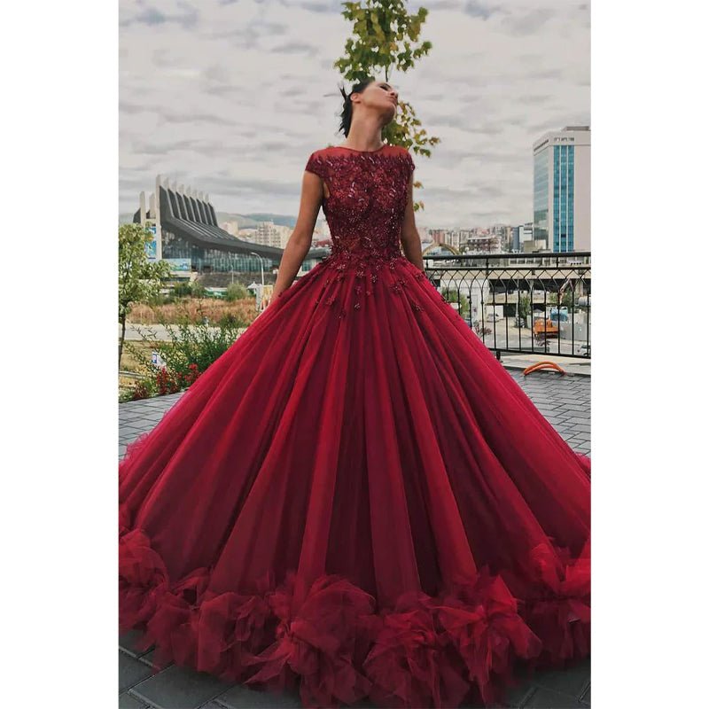 NumberSea - Ball Gown Burgundy Tulle Beaded Bateau Shor Sleeves Long Formal Evening Gowns