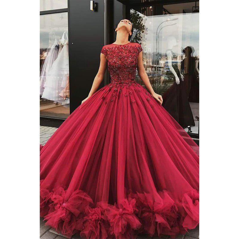 NumberSea - Ball Gown Burgundy Tulle Beaded Bateau Shor Sleeves Long Formal Evening Gowns