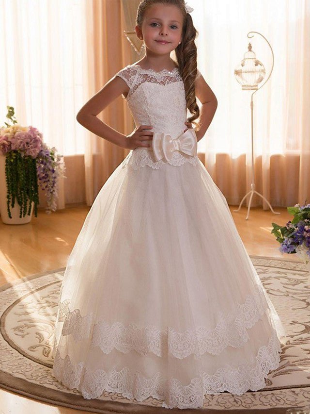 NumberSea - Ball Gown Chiffon Tulle Jewel Neck Wedding Birthday Pageant Flower Girl Dresses With Sleeves