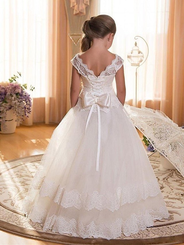 NumberSea - Ball Gown Chiffon Tulle Jewel Neck Wedding Birthday Pageant Flower Girl Dresses With Sleeves