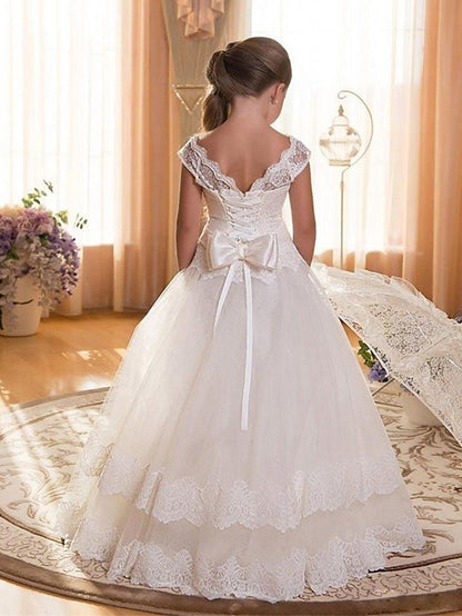 NumberSea - Ball Gown Chiffon Tulle Jewel Neck Wedding Birthday Pageant Flower Girl Dresses With Sleeves