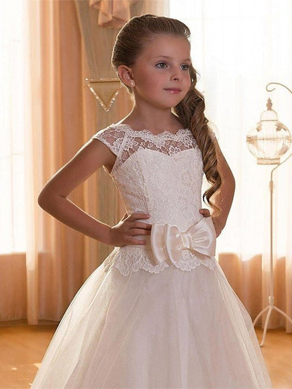 NumberSea - Ball Gown Chiffon Tulle Jewel Neck Wedding Birthday Pageant Flower Girl Dresses With Sleeves