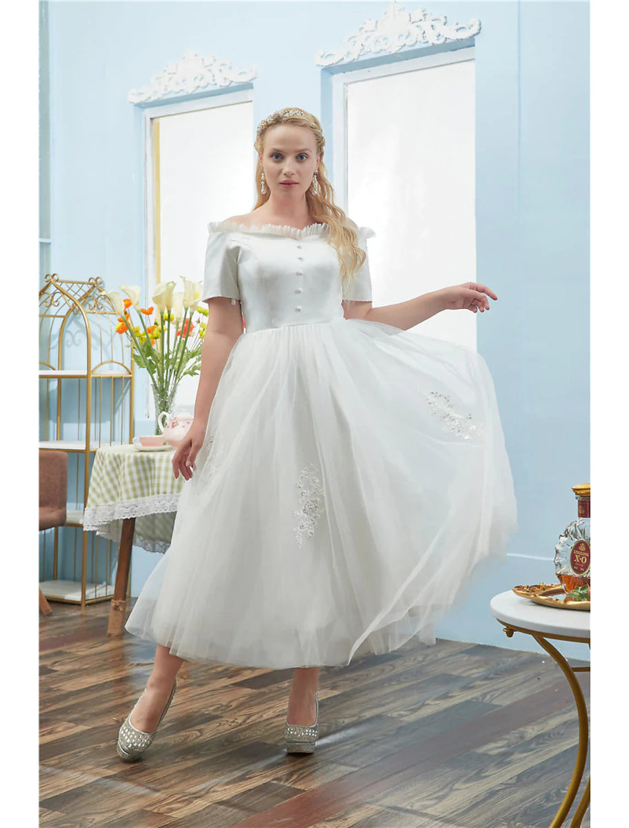 NumberSea - Ball Gown Cocktail Dresses Plus Size Dress Quinceanera Tea Length Short Sleeve Off Shoulder Tulle with Buttons