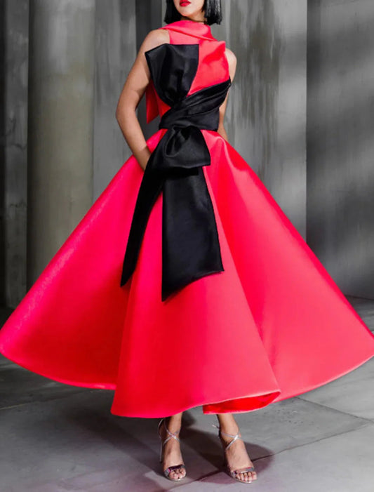 NumberSea - Ball Gown Color Block Celebrity Style Elegant Prom Formal Evening Birthday Dress Christmas Red Green Dress High Neck Sleeveless Ankle Length Satin with Bow(s)