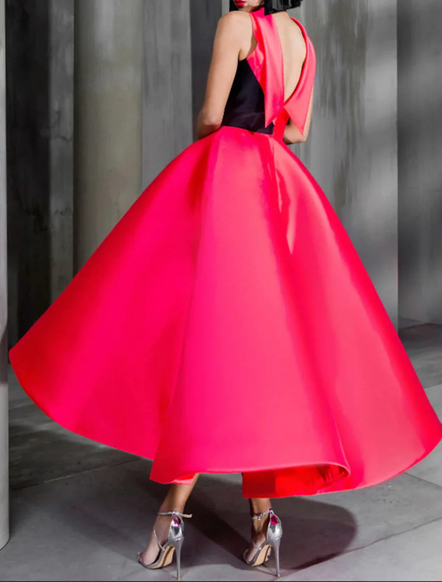 NumberSea - Ball Gown Color Block Celebrity Style Elegant Prom Formal Evening Birthday Dress Christmas Red Green Dress High Neck Sleeveless Ankle Length Satin with Bow(s)