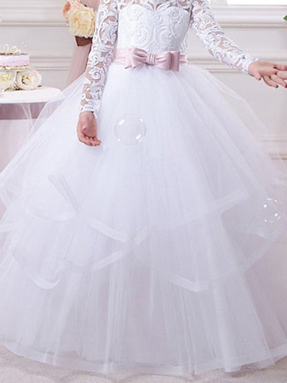 NumberSea - Ball Gown Cotton Long Sleeve Lace Tulle First Communion Flower Girl Dresses