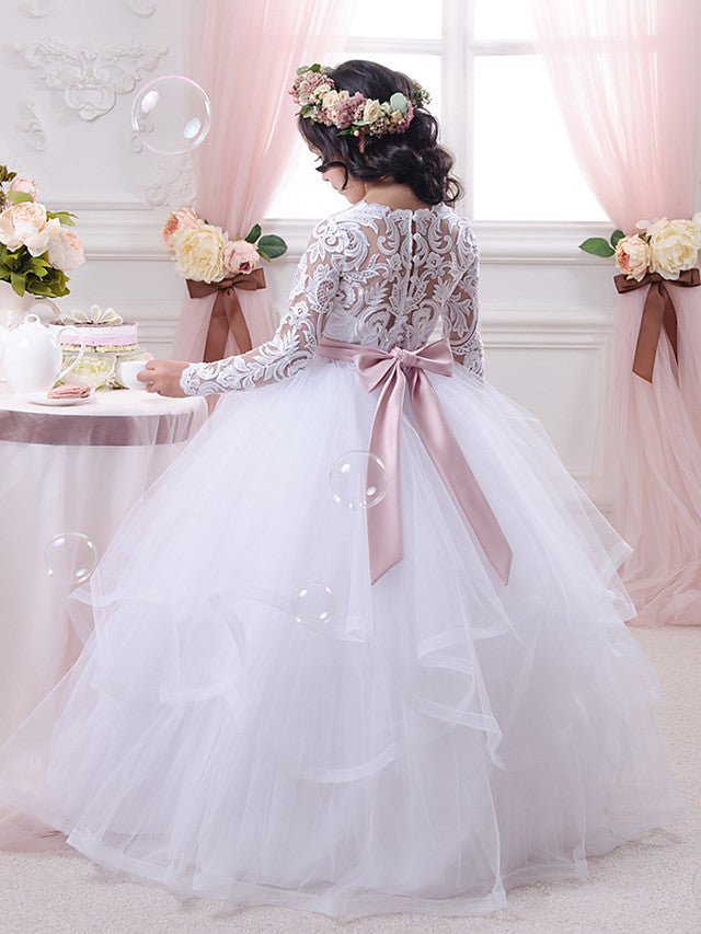 NumberSea - Ball Gown Cotton Long Sleeve Lace Tulle First Communion Flower Girl Dresses