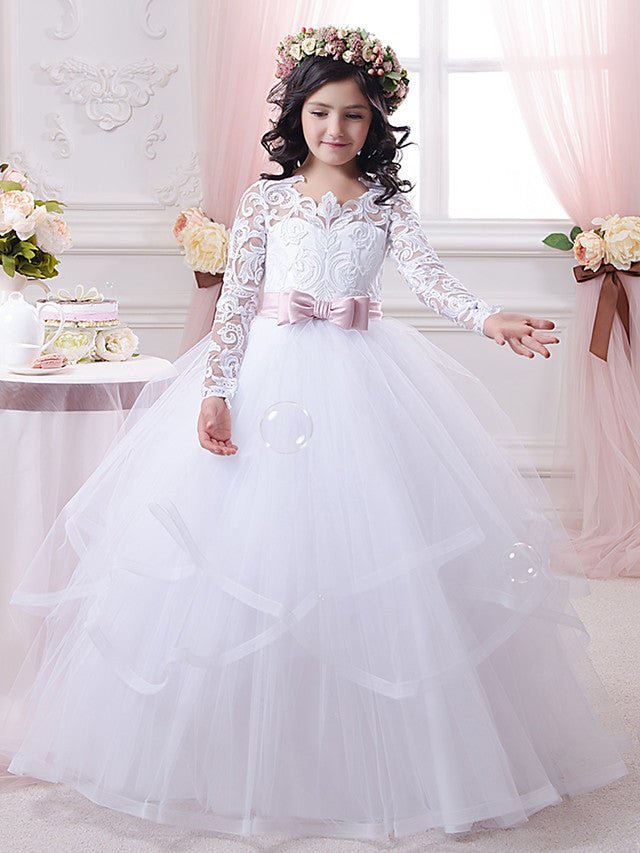 NumberSea - Ball Gown Cotton Long Sleeve Lace Tulle First Communion Flower Girl Dresses