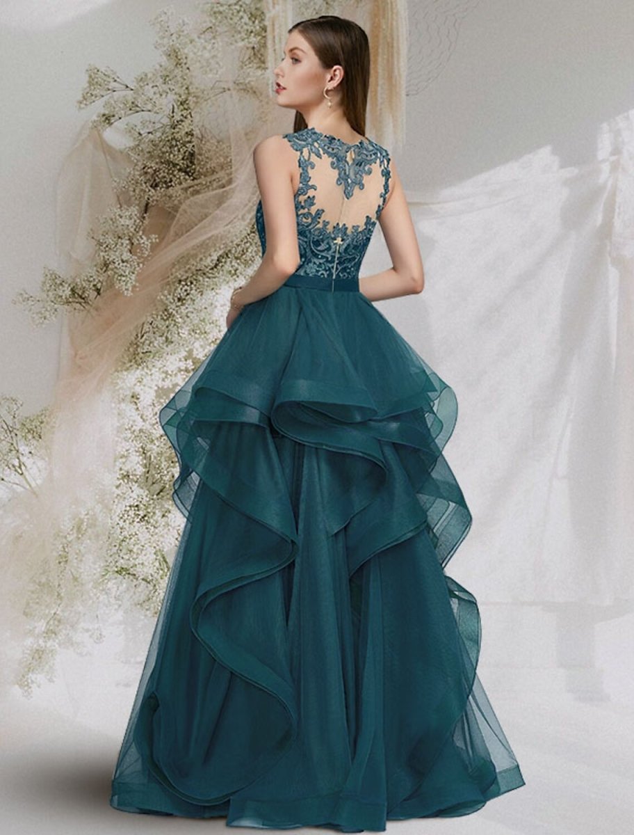 NumberSea - Ball Gown Cut Out Sexy Prom Formal Evening Dress Jewel Neck Sleeveless Floor Length Tulle with Lace Insert