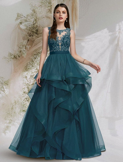 NumberSea - Ball Gown Cut Out Sexy Prom Formal Evening Dress Jewel Neck Sleeveless Floor Length Tulle with Lace Insert