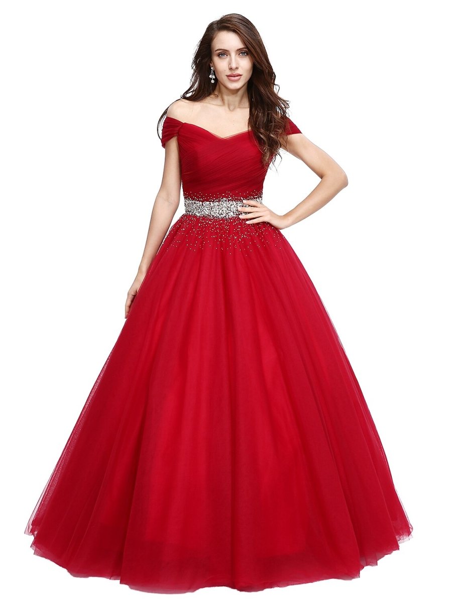 NumberSea - Ball Gown Elegant Dress Formal Evening Floor Length Sleeveless V Wire Tulle with Beading Sequin