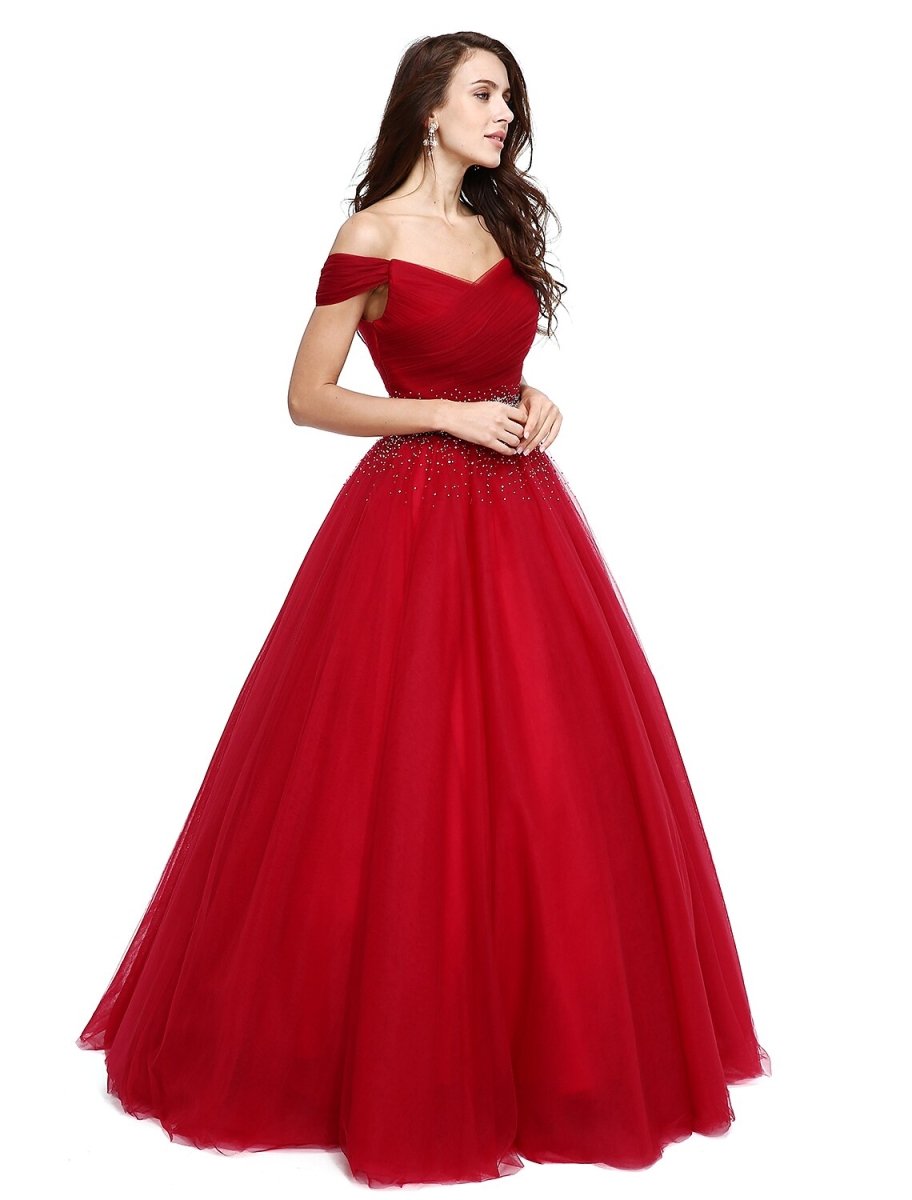 NumberSea - Ball Gown Elegant Dress Formal Evening Floor Length Sleeveless V Wire Tulle with Beading Sequin