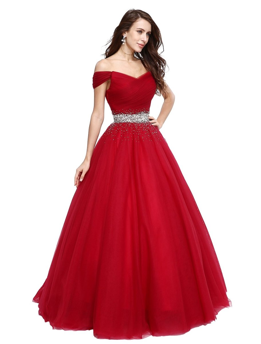 NumberSea - Ball Gown Elegant Dress Formal Evening Floor Length Sleeveless V Wire Tulle with Beading Sequin