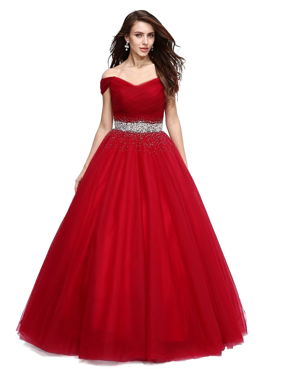 NumberSea - Ball Gown Elegant Dress Formal Evening Floor Length Sleeveless V Wire Tulle with Beading Sequin