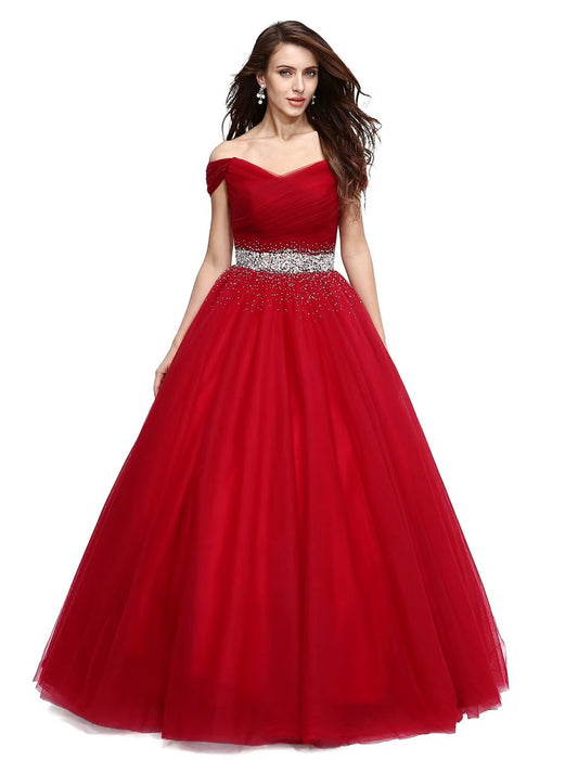 NumberSea - Ball Gown Elegant Dress Formal Evening Floor Length Sleeveless V Wire Tulle with Beading Sequin