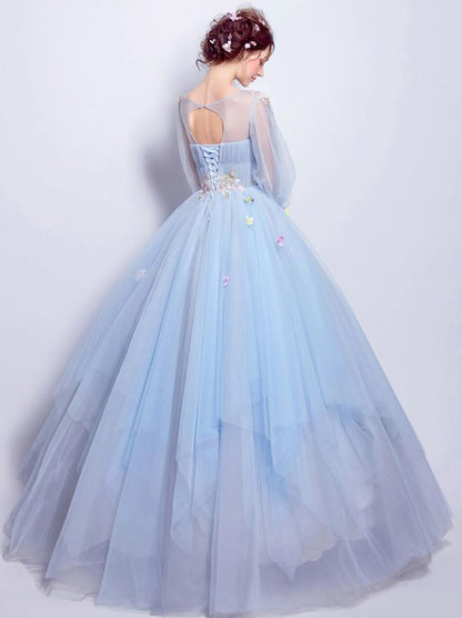 NumberSea - Ball Gown Elegant Floral Puffy Quinceanera Engagement Dress Illusion Neck 3/4 Length Sleeve Floor Length Tulle with Pleats Appliques