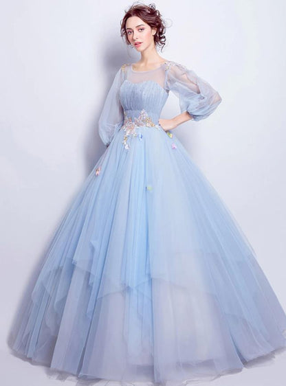 NumberSea - Ball Gown Elegant Floral Puffy Quinceanera Engagement Dress Illusion Neck 3/4 Length Sleeve Floor Length Tulle with Pleats Appliques