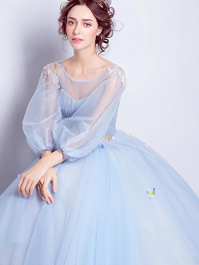 NumberSea - Ball Gown Elegant Floral Puffy Quinceanera Engagement Dress Illusion Neck 3/4 Length Sleeve Floor Length Tulle with Pleats Appliques