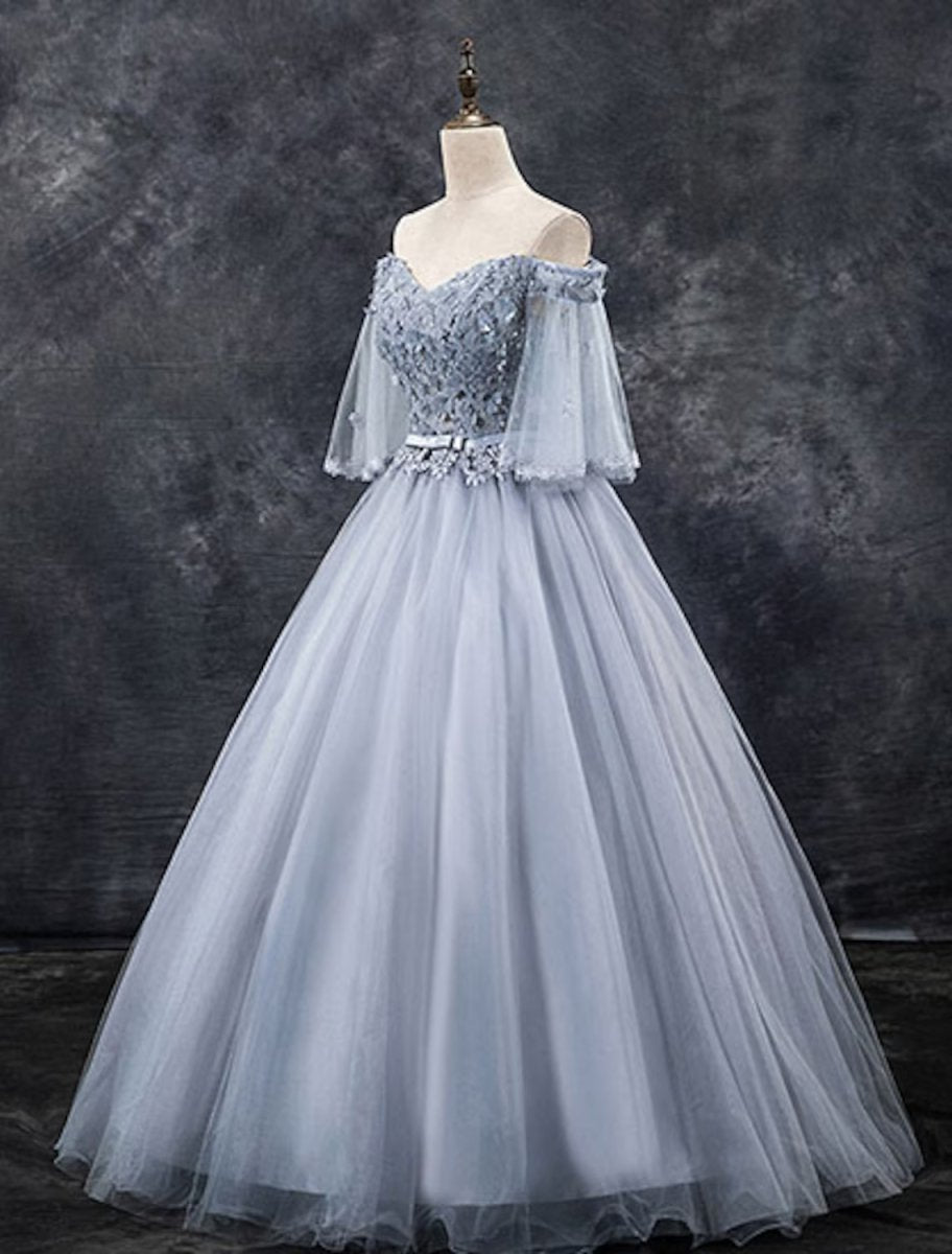 NumberSea - Ball Gown Elegant Floral Quinceanera Formal Evening Dress Off Shoulder Half Sleeve Floor Length Tulle with Appliques