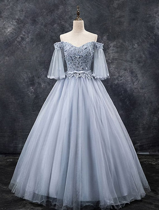 NumberSea - Ball Gown Elegant Floral Quinceanera Formal Evening Dress Off Shoulder Half Sleeve Floor Length Tulle with Appliques