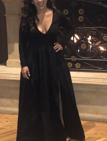 NumberSea - Ball Gown Elegant High Split Prom Formal Black Dress Plus Size Evening Dress V Neck Long Sleeve Floor Length Spandex with Pleats Slit