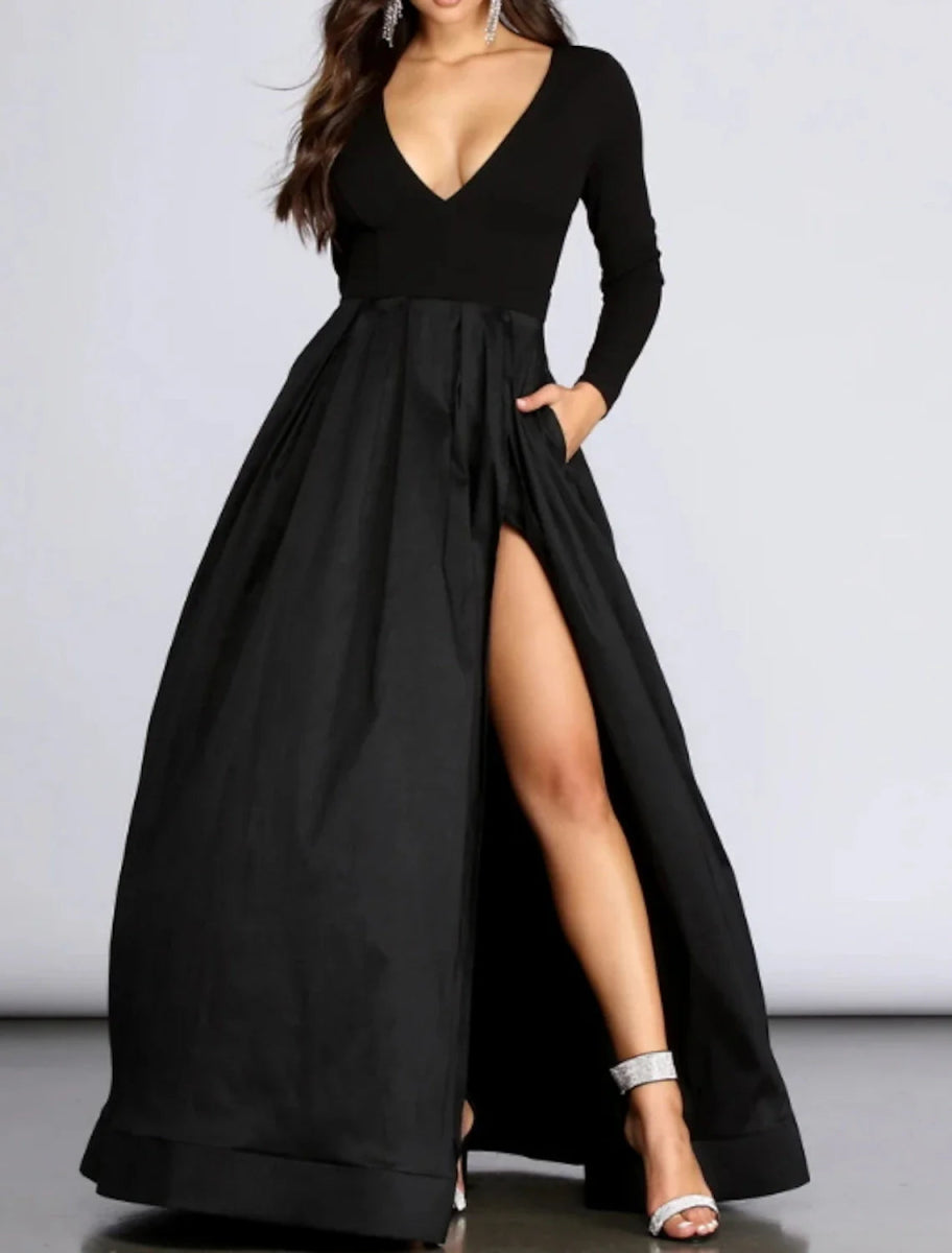 NumberSea - Ball Gown Elegant High Split Prom Formal Black Dress Plus Size Evening Dress V Neck Long Sleeve Floor Length Spandex with Pleats Slit