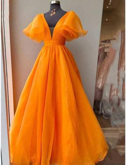 NumberSea - Ball Gown Evening Gown Celebrity Style Dress Wedding Party Floor Length Short Sleeve V Neck Fall Wedding Guest Organza with Pleats Ruffles