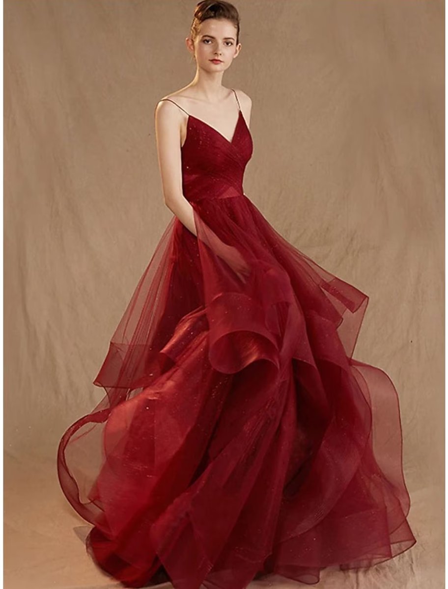 NumberSea - Ball Gown Evening Gown Elegant Dress Party Wear Floor Length Sleeveless V Neck Tulle V Back with Sequin Ruffles