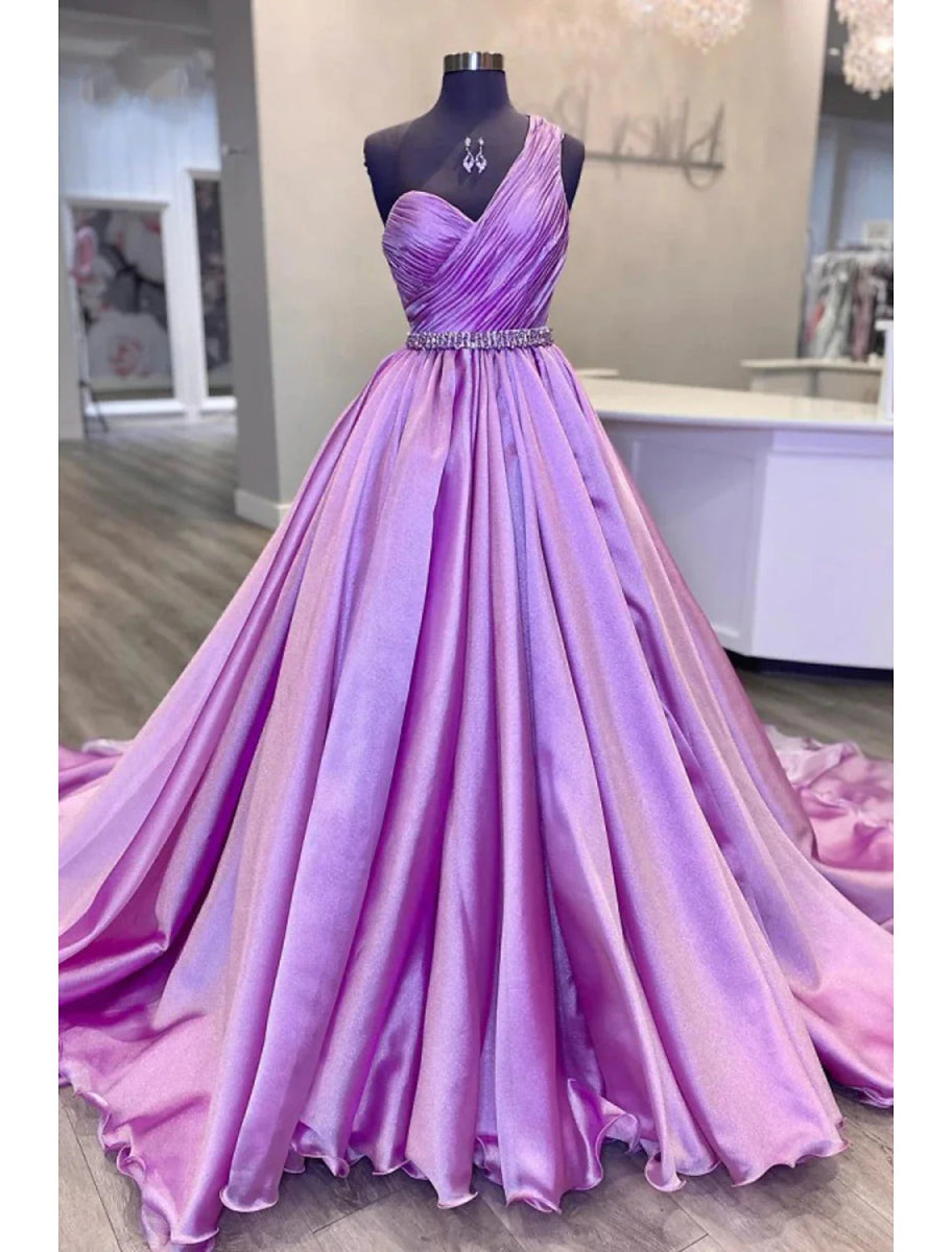 NumberSea - Ball Gown Evening Gown Luxurious Dress Wedding Party Court Train Sleeveless One Shoulder Belt / Sash Charmeuse with Ruched Crystals