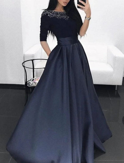 NumberSea - Ball Gown Evening Gown Minimalist Dress Quinceanera Formal Evening Floor Length Half Sleeve Illusion Neck Fall Wedding Guest Satin with Pleats Lace Insert