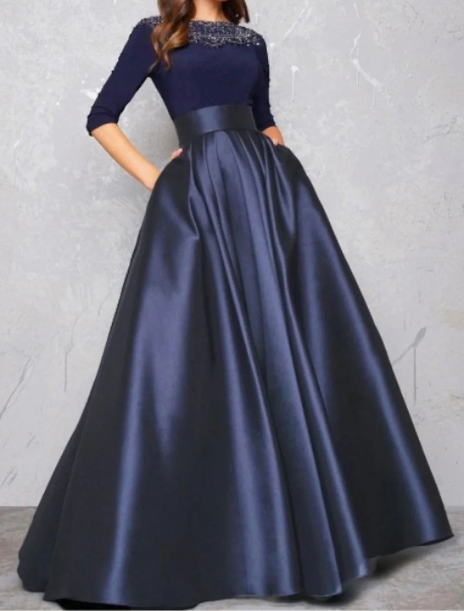 NumberSea - Ball Gown Evening Gown Minimalist Dress Quinceanera Formal Evening Floor Length Half Sleeve Illusion Neck Fall Wedding Guest Satin with Pleats Lace Insert