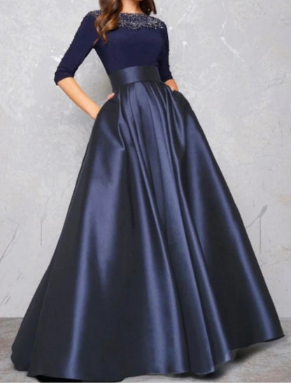 NumberSea - Ball Gown Evening Gown Minimalist Dress Quinceanera Formal Evening Floor Length Half Sleeve Illusion Neck Fall Wedding Guest Satin with Pleats Lace Insert