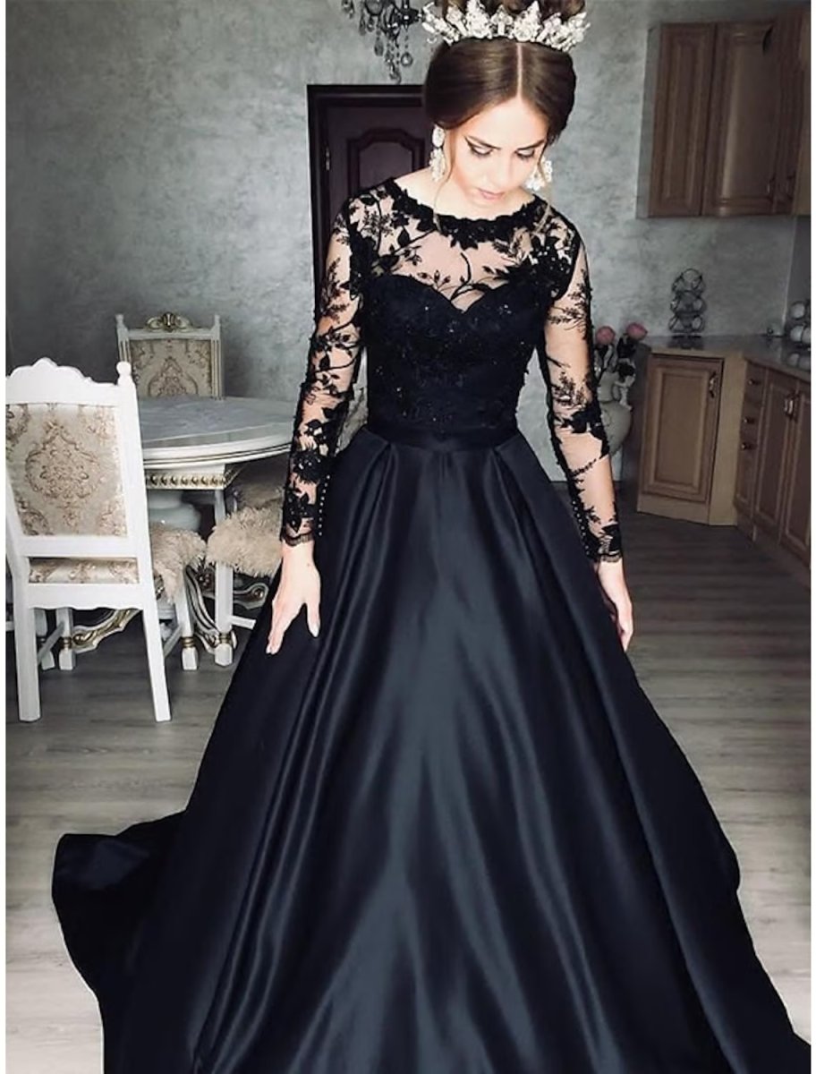 NumberSea - Ball Gown Evening Gown Princess Dress Prom Floor Length Long Sleeve Jewel Neck Wednesday Addams Family Satin with Appliques