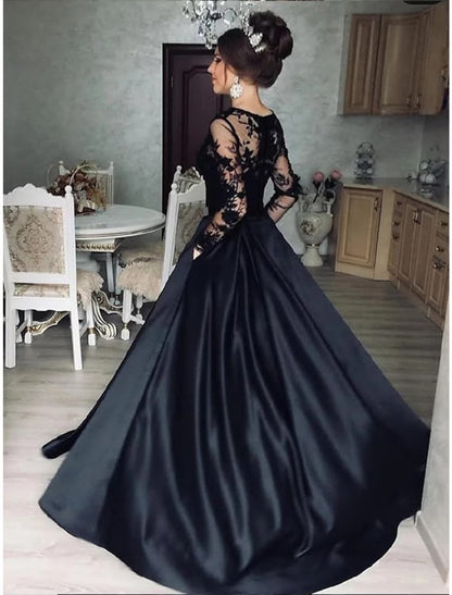 NumberSea - Ball Gown Evening Gown Princess Dress Prom Floor Length Long Sleeve Jewel Neck Wednesday Addams Family Satin with Appliques