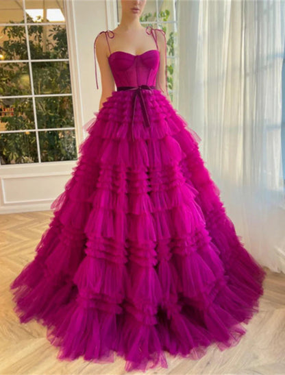 NumberSea - Ball Gown Evening Gown Puffy Dress Wedding Party Birthday Floor Length Sleeveless Spaghetti Strap Tulle with Ruffles Strappy