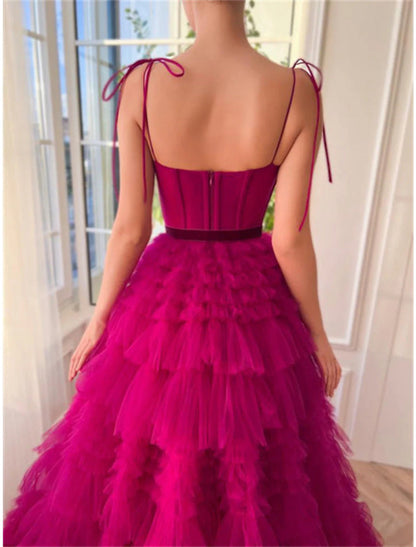 NumberSea - Ball Gown Evening Gown Puffy Dress Wedding Party Birthday Floor Length Sleeveless Spaghetti Strap Tulle with Ruffles Strappy