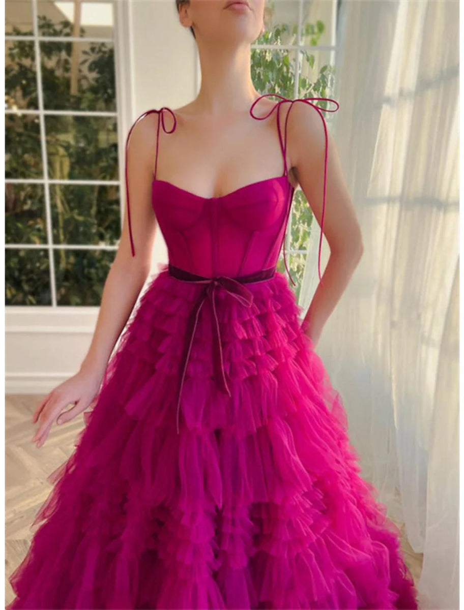 NumberSea - Ball Gown Evening Gown Puffy Dress Wedding Party Birthday Floor Length Sleeveless Spaghetti Strap Tulle with Ruffles Strappy