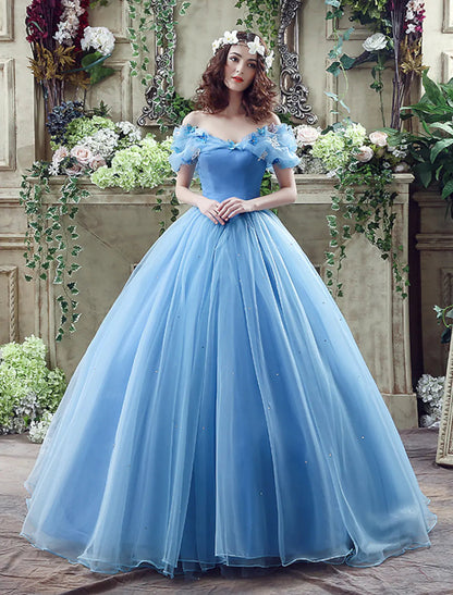 NumberSea - Ball Gown Evening Gown Sexy Dress Quinceanera Chapel Train Short Sleeve Off Shoulder Satin with Appliques